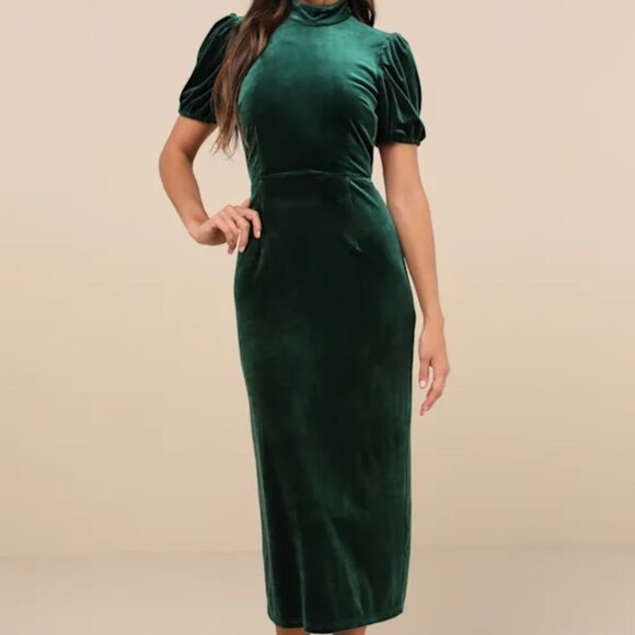 HOLIDAY NYE XMAS NWT Lulu's  Intuition Emerald Green Velvet Backless Midi Dress - Picture 1 of 4